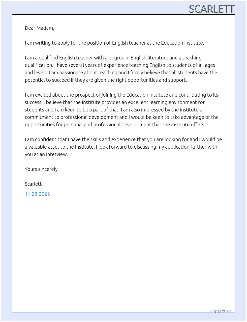 English teacher At Education institute Cover Letter