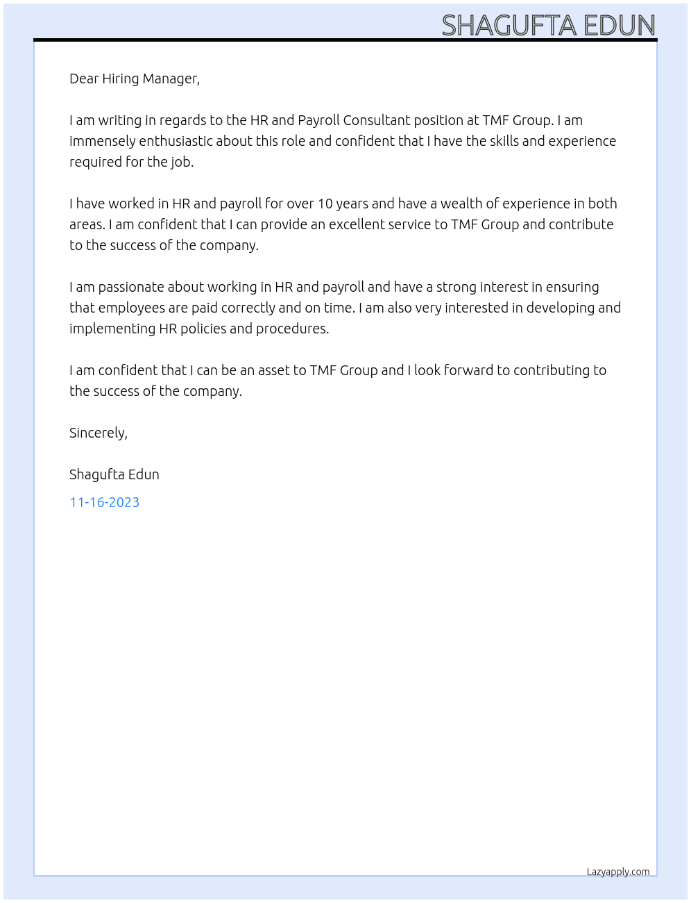 HR and Payroll Cnnsultant At TMF Group Cover Letter