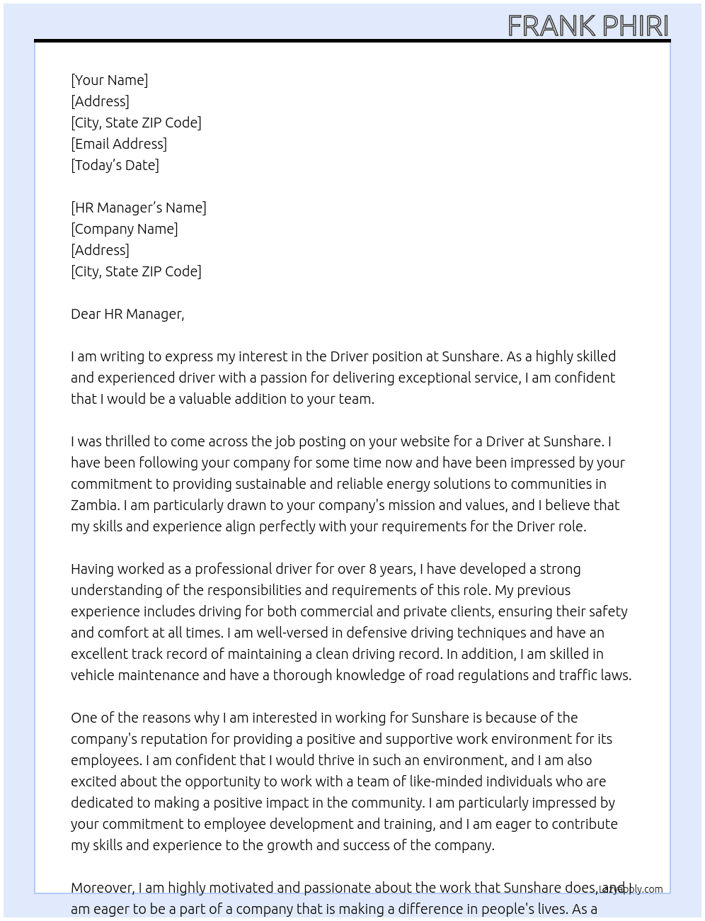 Driver  At Sunshare  Cover Letter