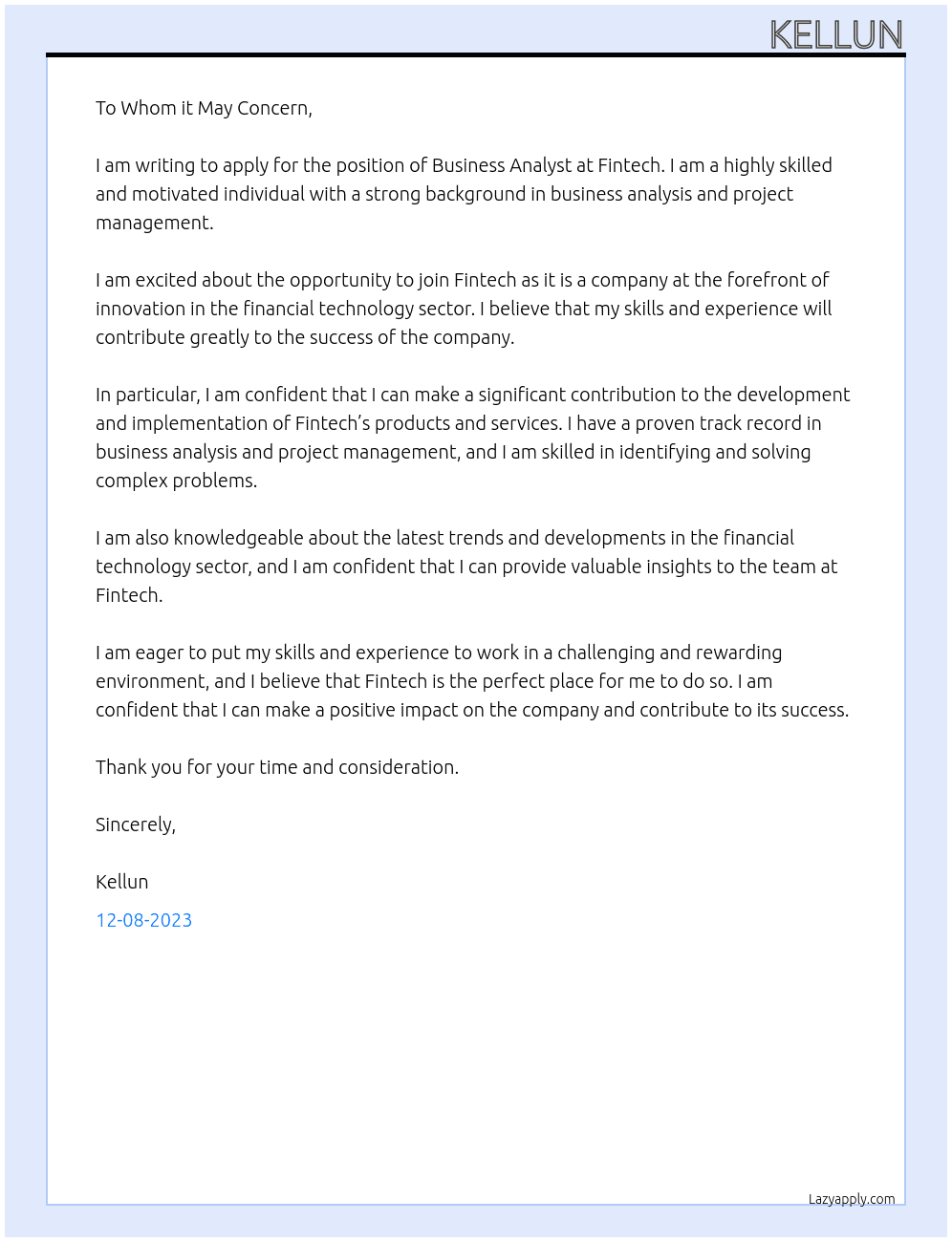 business analyst At Fintech Cover Letter