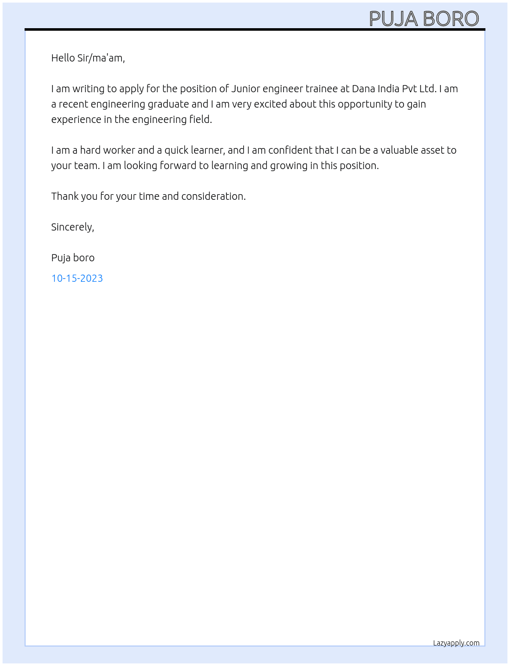 Junior engineer trainee  At Dana India Pvt Ltd  Cover Letter