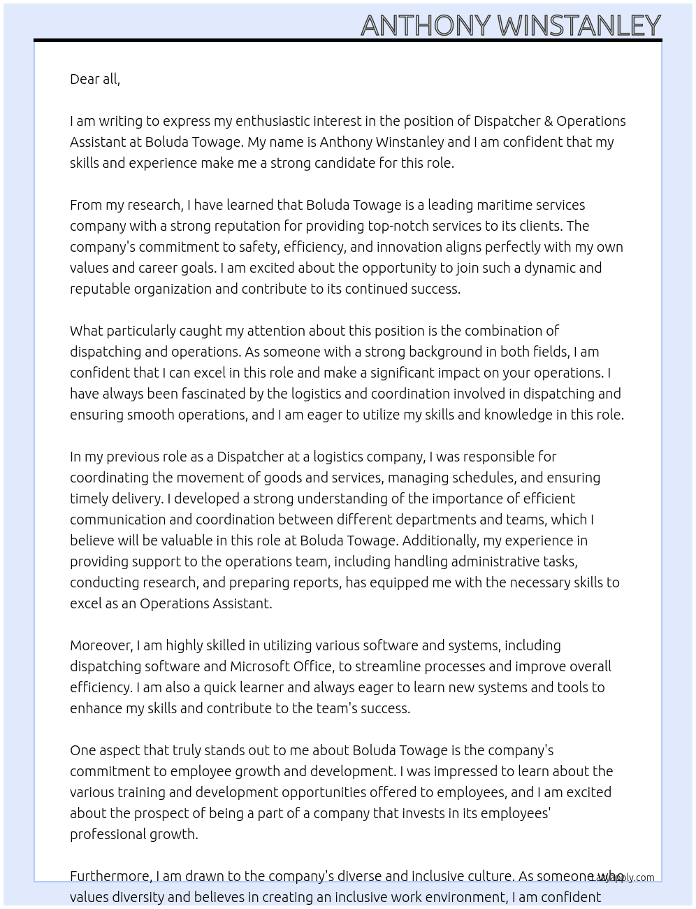 DISPATCHER & OPERATIONS ASSISTANT UK At Boluda Towage Cover Letter