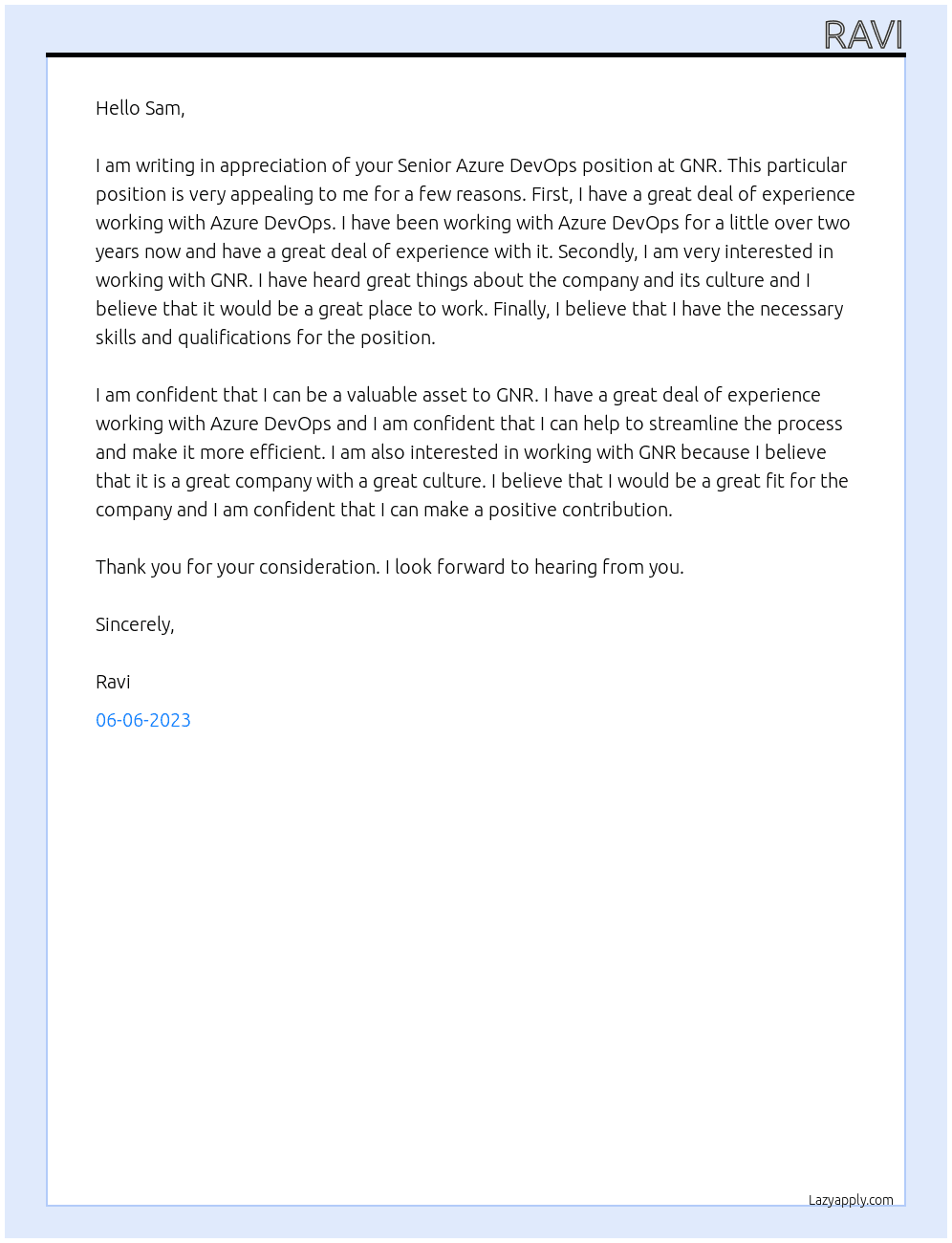 Senior Azure DevOps  At GNR Cover Letter