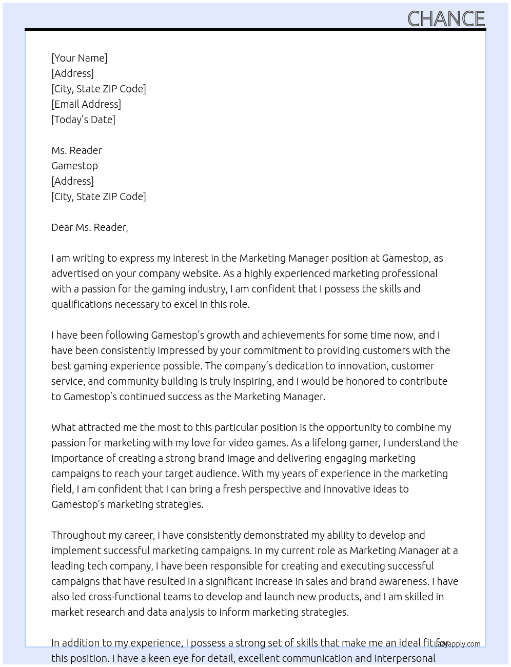 Marketing Manager At Gamestop Cover Letter