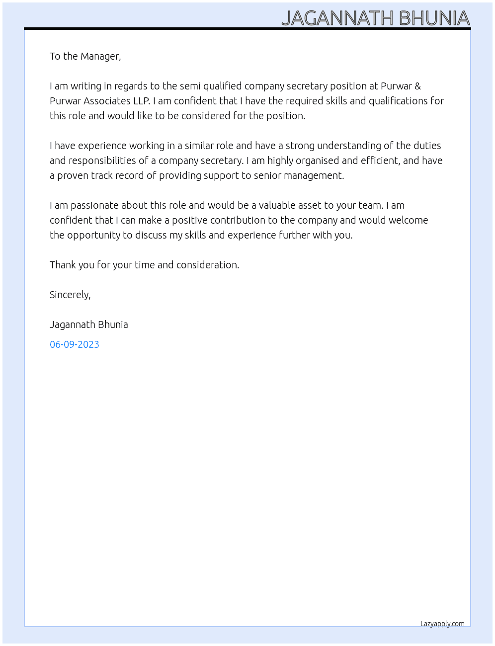 semi qualified company secretary At Purwar & Purwar Associates LLP Cover Letter
