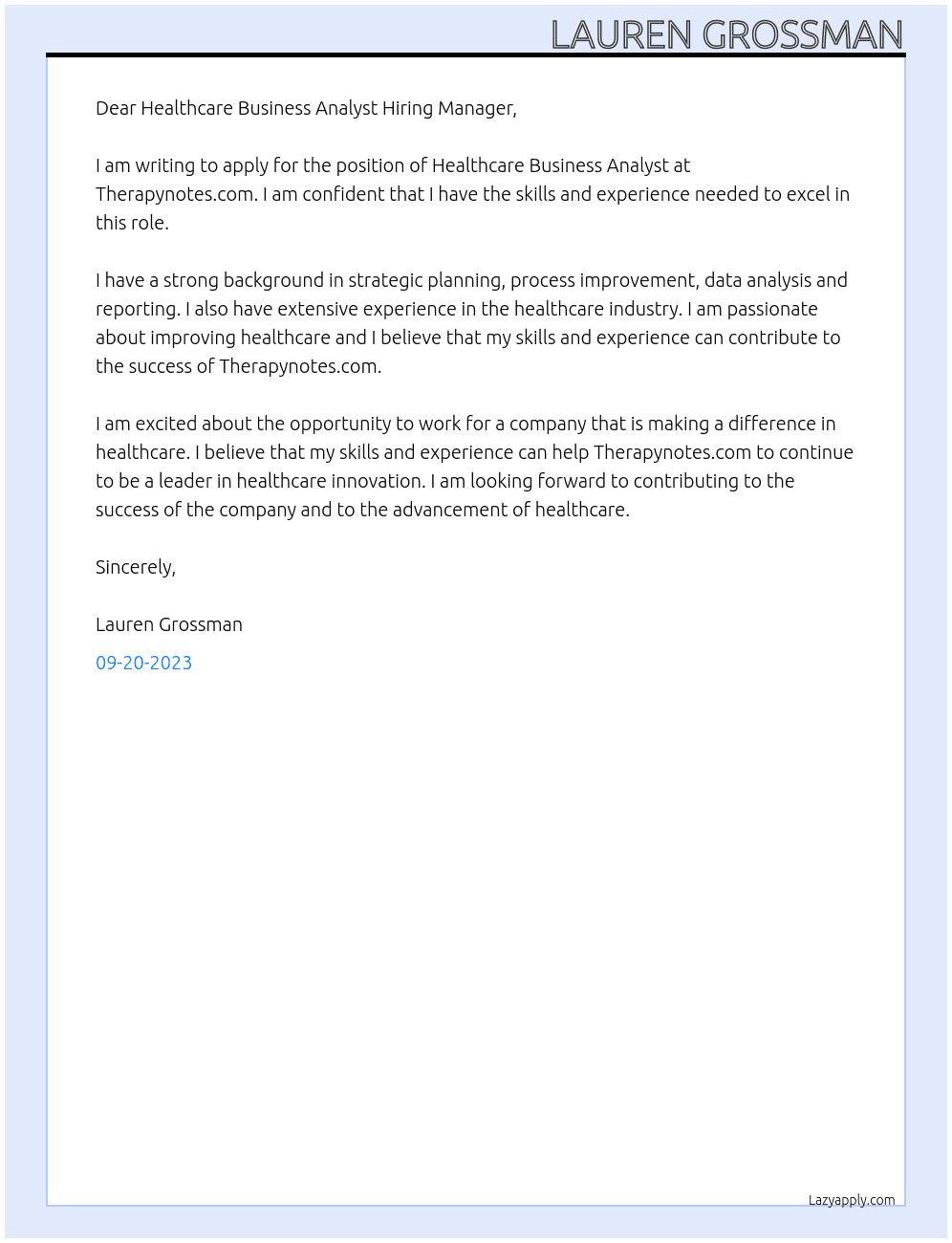 Heathcare Business Analyst At Therapynotes.com Cover Letter