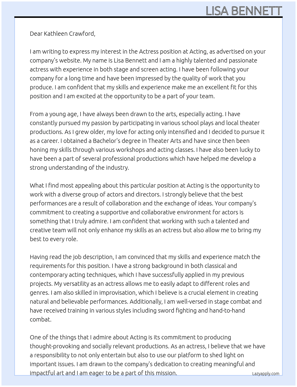 Actress At Acting Cover Letter