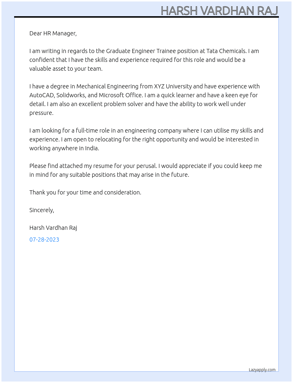 Graduate Engineer Trainee At Tata Chemicals Cover Letter