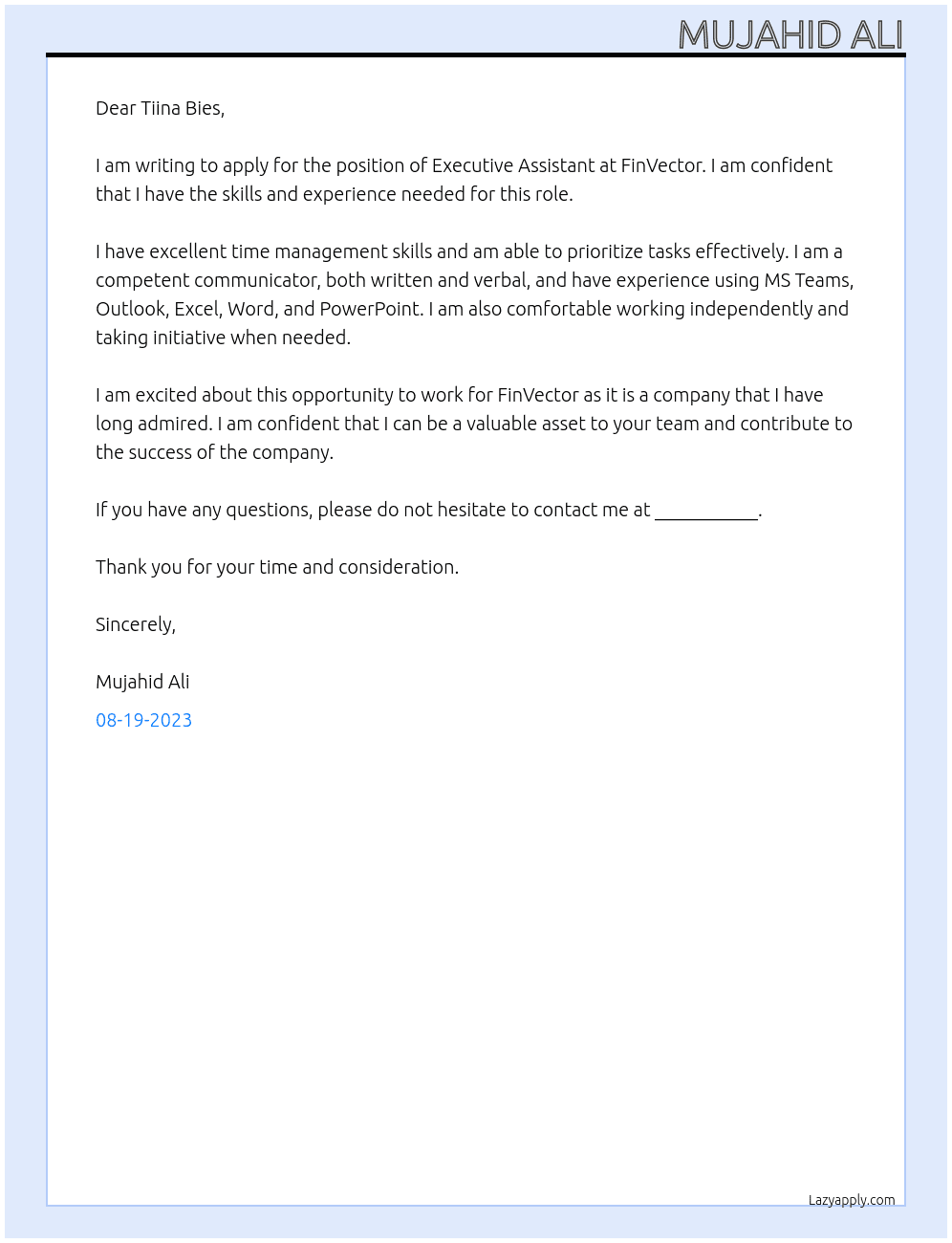 Executive Assistant At FinVector  Cover Letter