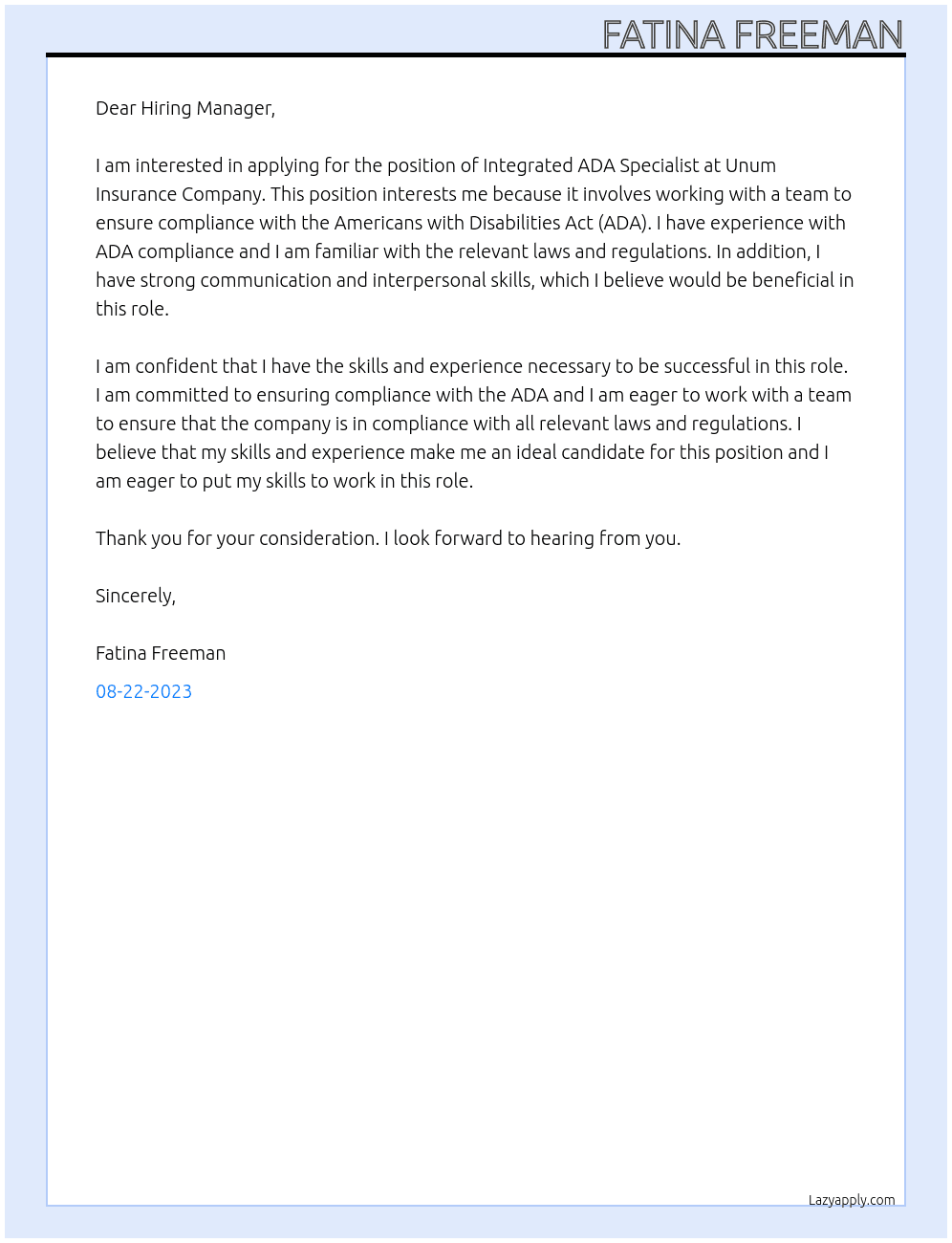 Integrated ADA Specialist At Unum Insurance Company Cover Letter