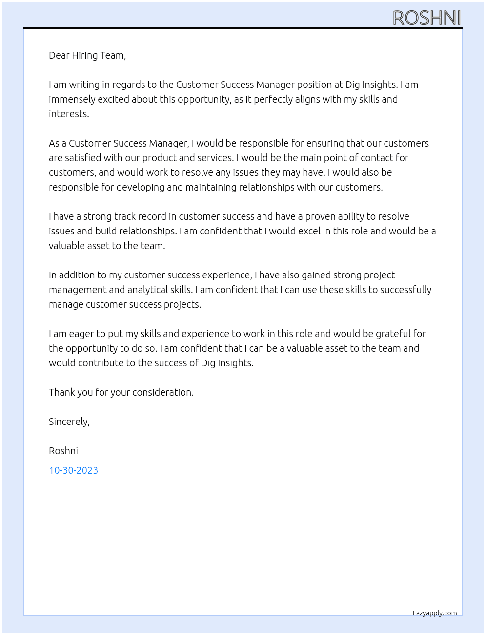 Customer Success Manager At Dig Insights Cover Letter