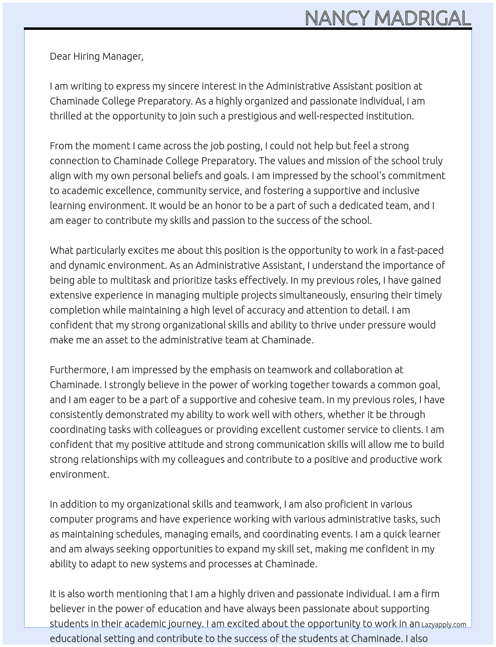 Administrative Assistant At Chaminade College Preparatory Cover Letter