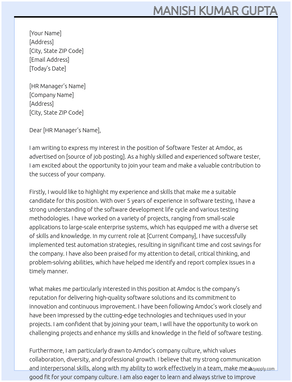 Software tester At Amdoc Cover Letter