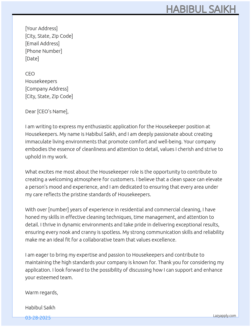 Housekeepers  At Housekeepers Cover Letter