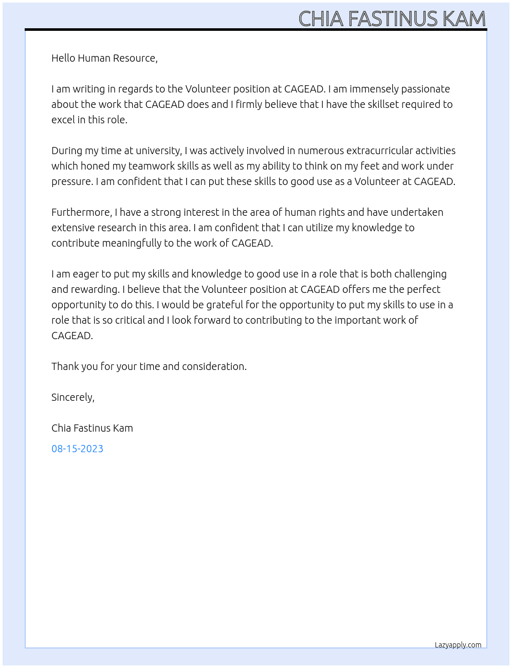 Volunteer  At CAGEAD Cover Letter