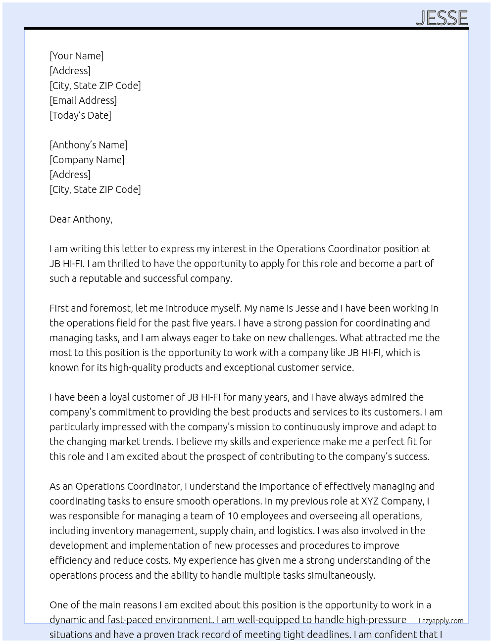 Operations coordinator At JB HI-FI Cover Letter