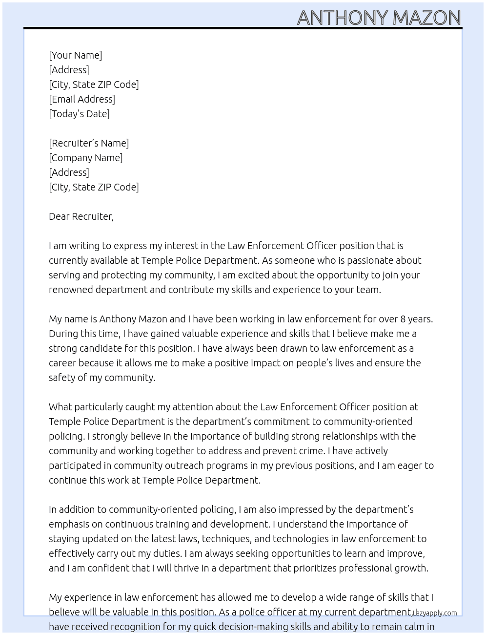 Law enforcement officer At Temple police department  Cover Letter