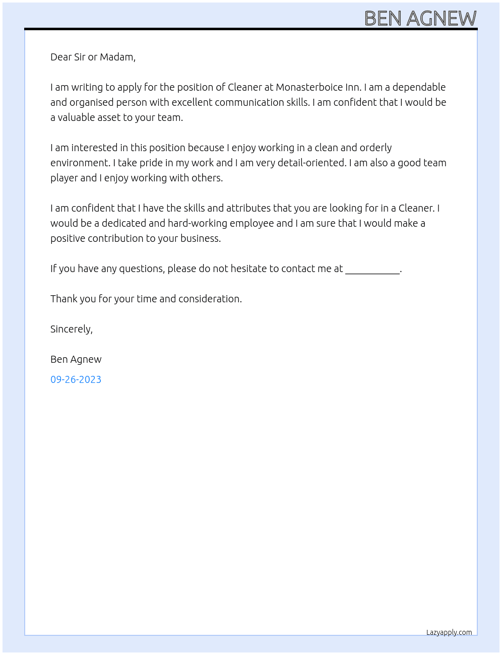 Cleaner At Monasterboice Inn Cover Letter