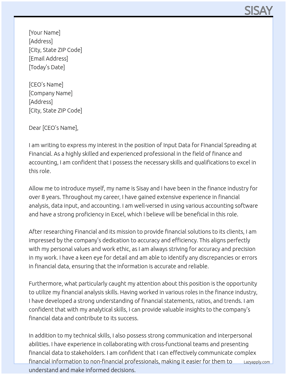 Input data for financial spreading At Financial Cover Letter