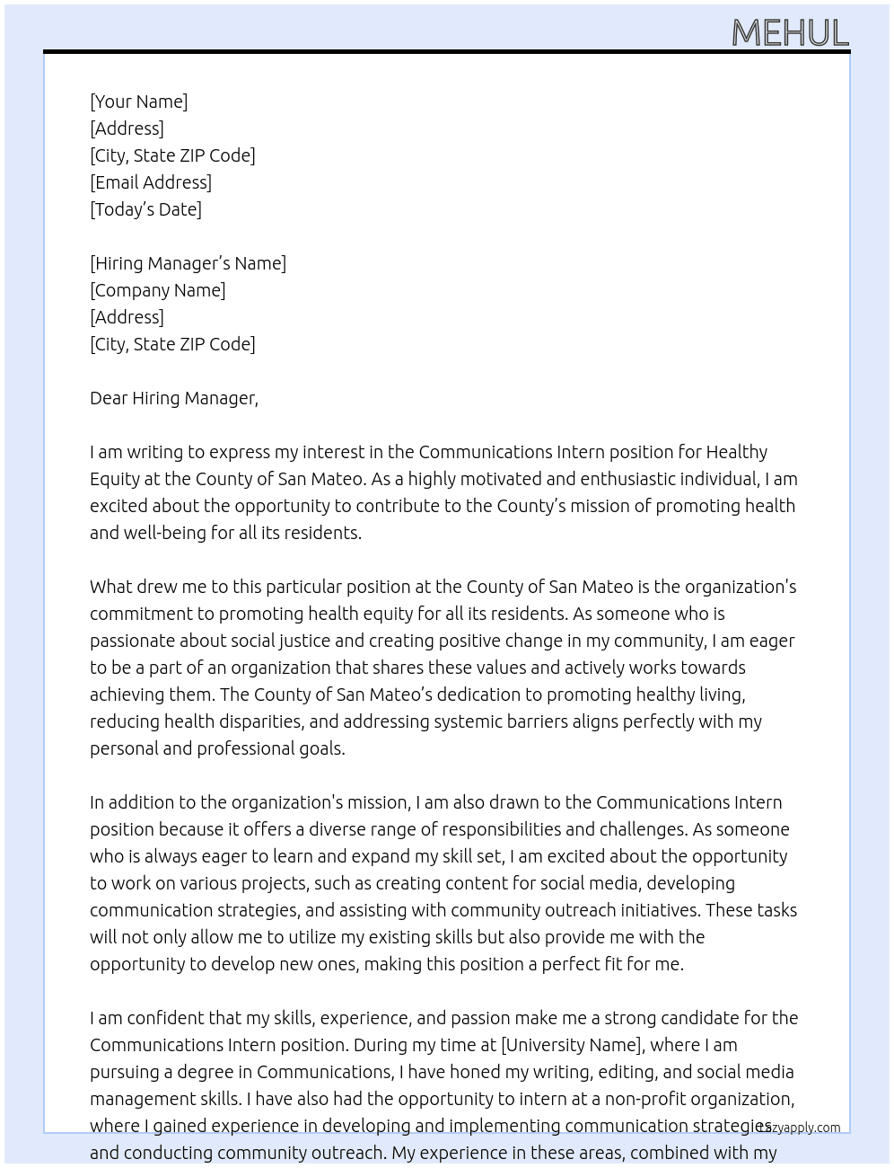 Communications intern for healthy equity At County of San Mateo Cover Letter