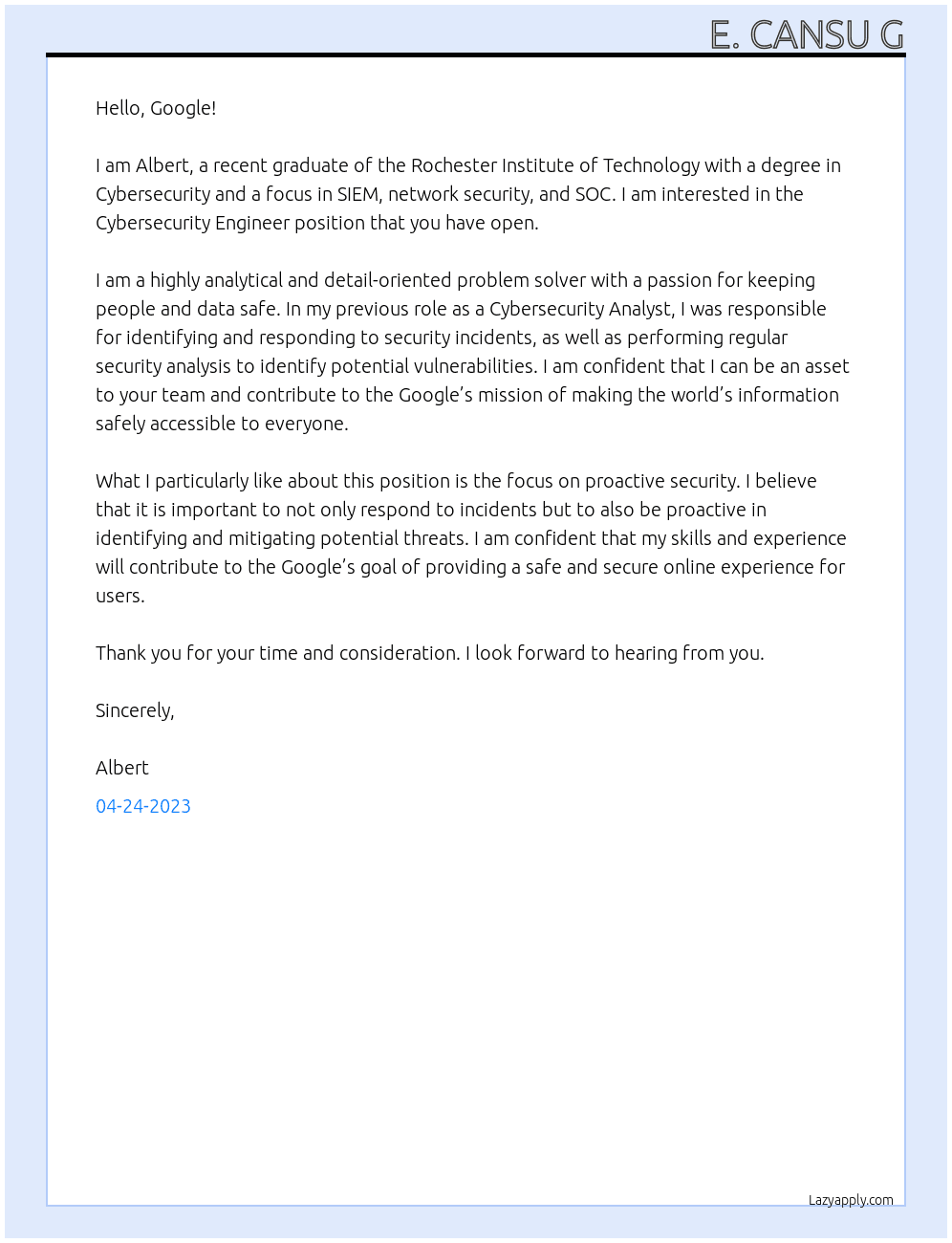 Cyber Security At google Cover Letter