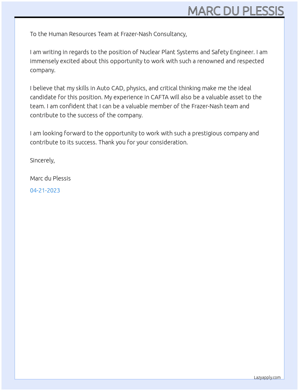 Nuclear Plant Systems and Safety Engineer At Frazer-Nash Consultancy Cover Letter