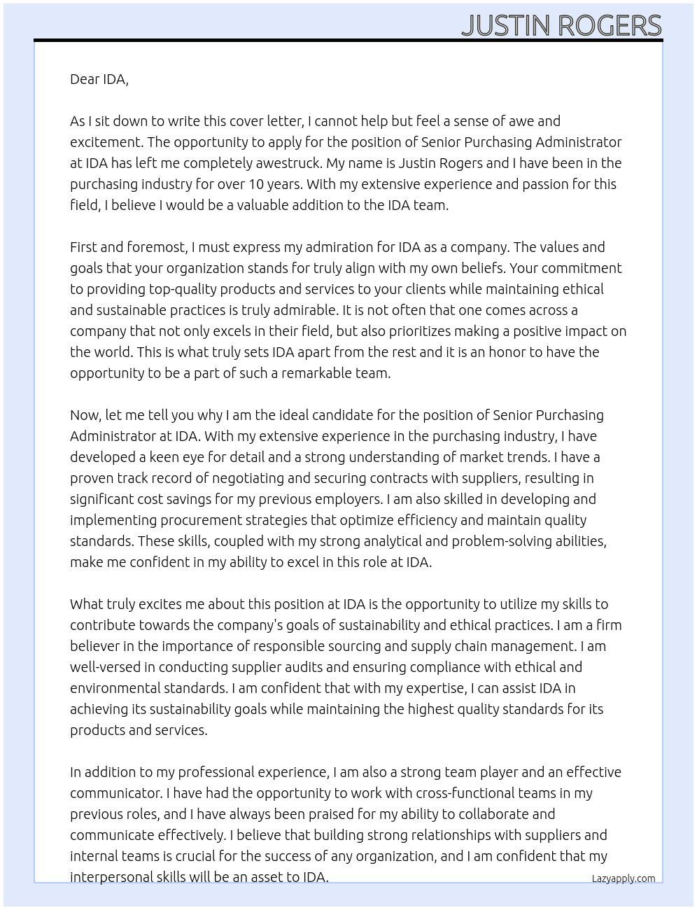 Senior Purchasing Administrator  At IDA Cover Letter