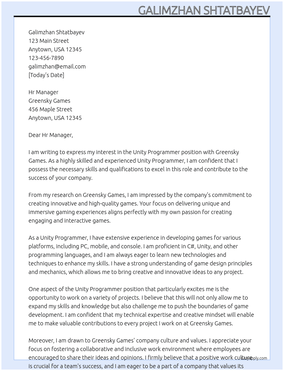 Unity Programmer At Greensky Games Cover Letter