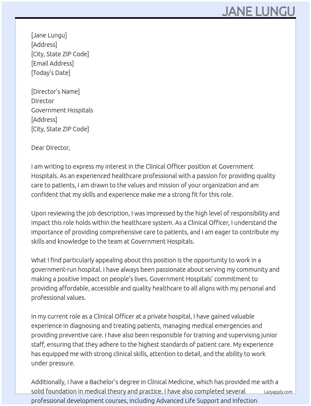 Clinical Officer  At Government Hospitals  Cover Letter