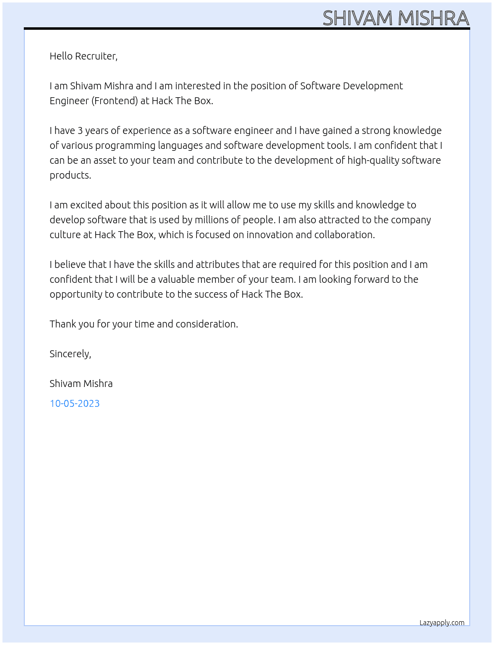 Software Development Engineer (Frontend) At Hack The Box Cover Letter
