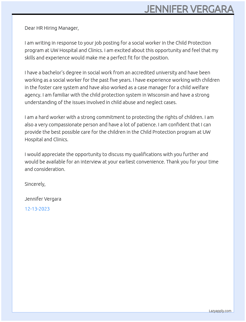 Social Worker- Child Protection program At UW Hospital and Clinics Cover Letter