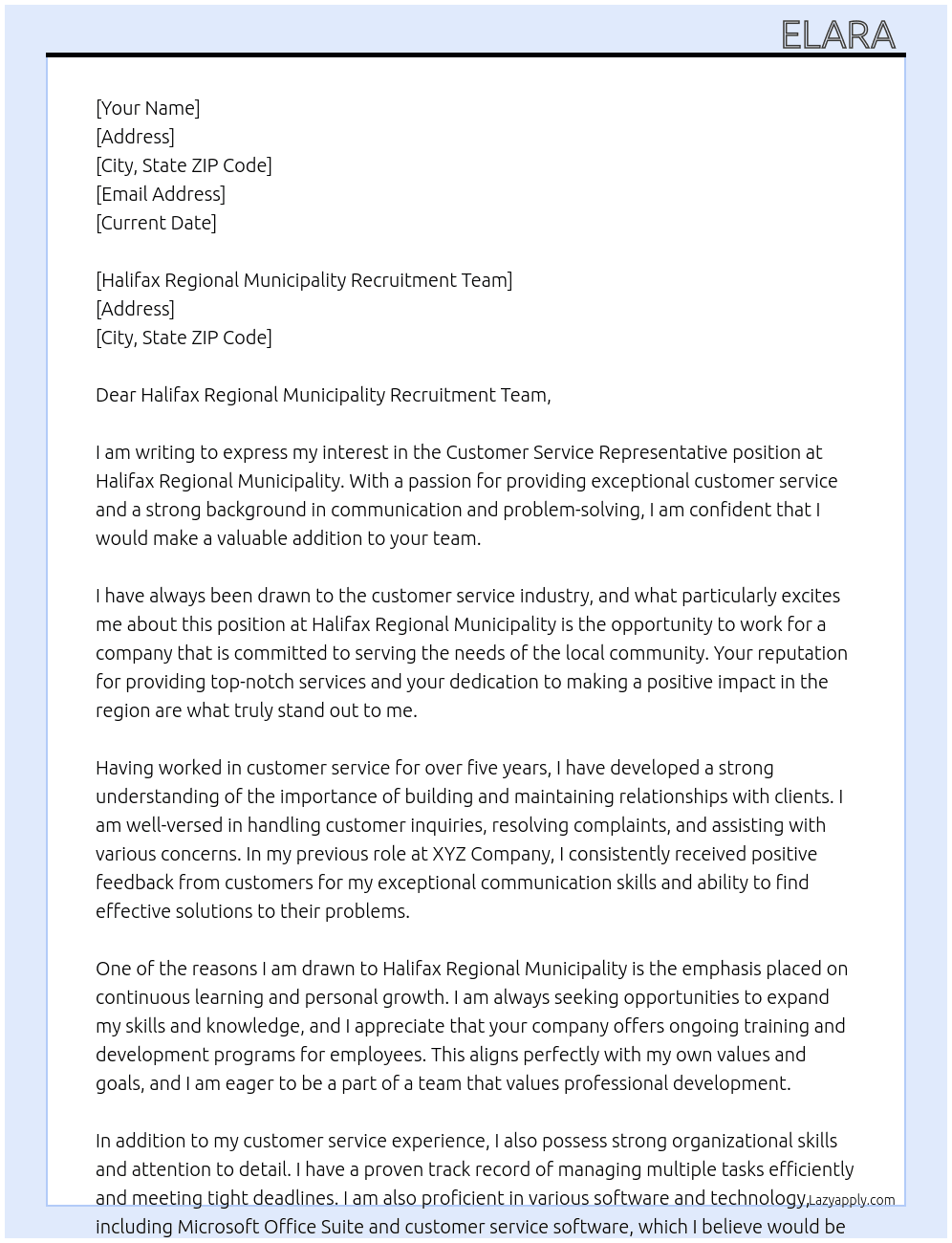 Customer Service Representative  At Halifax Regional Municipality Cover Letter