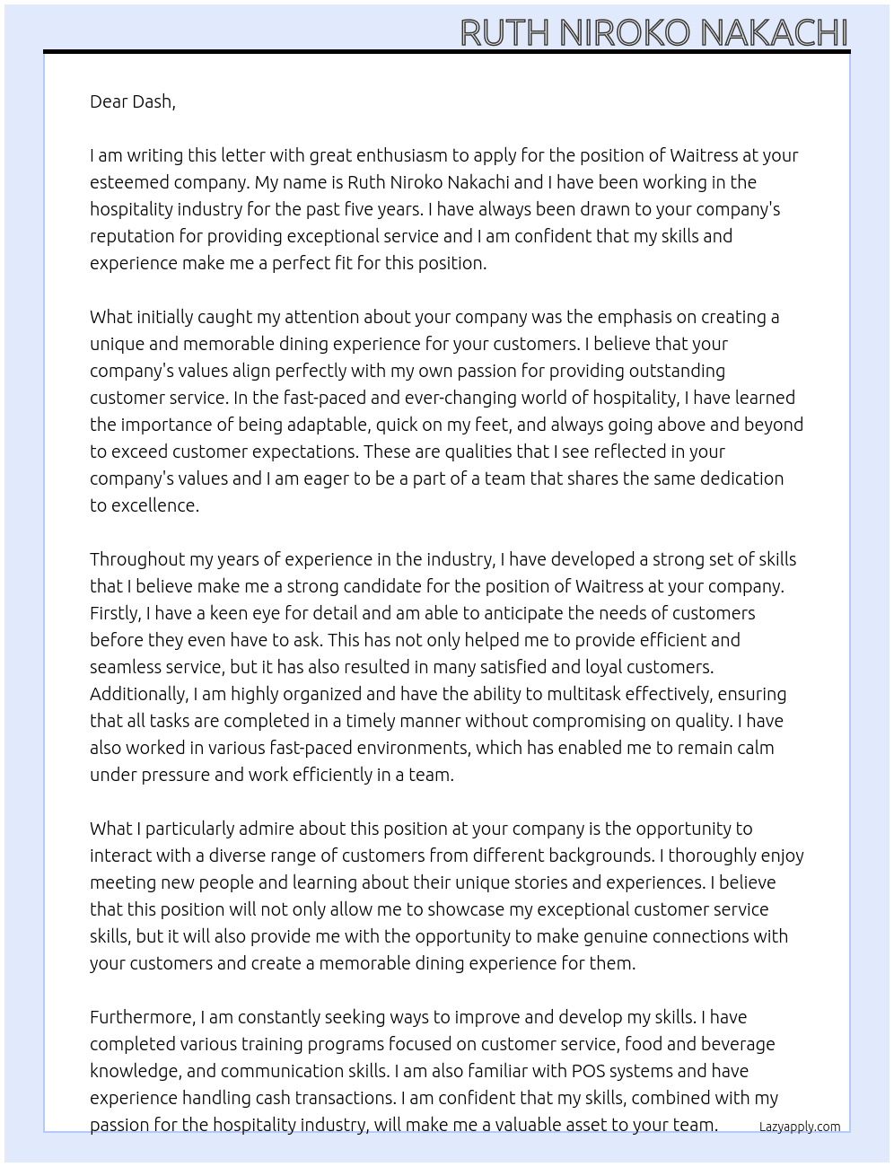 Waitress At Dash Cover Letter