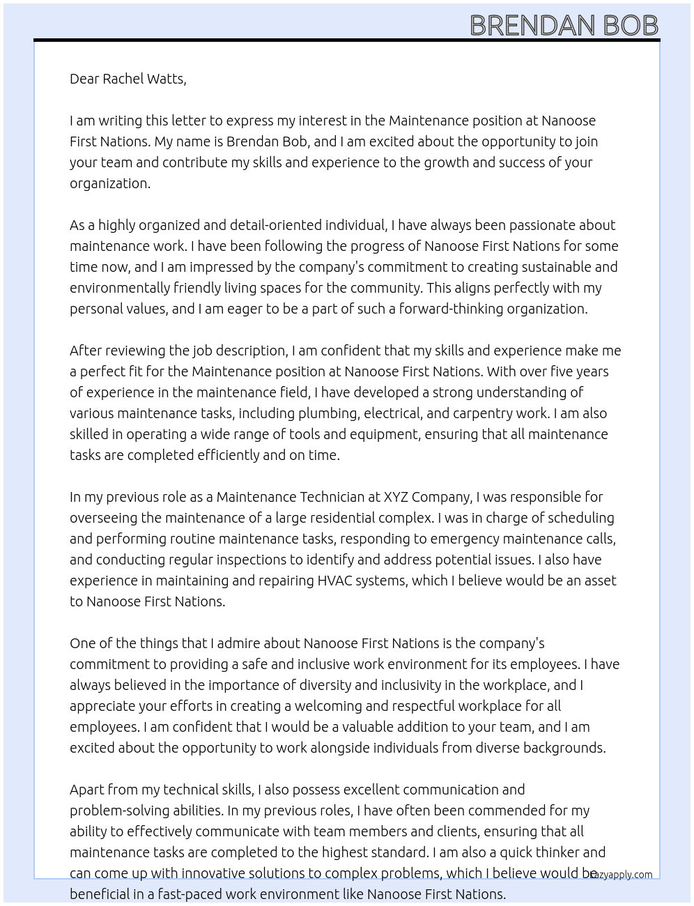 Maintenance  At Nanoose First Nations  Cover Letter