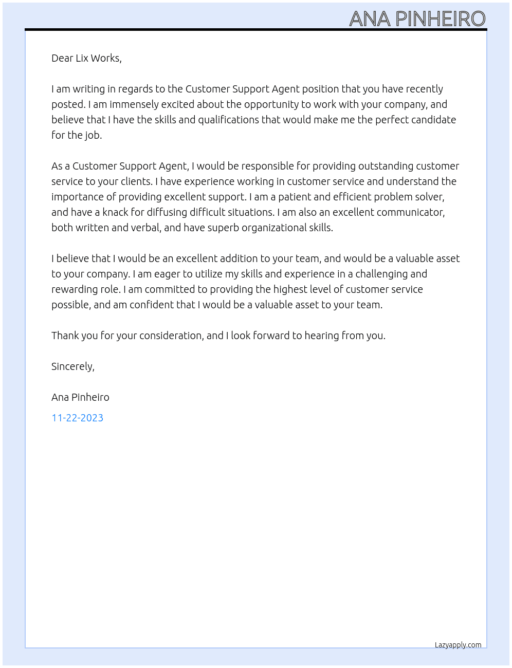 Customer Support Agent At Lix Works Cover Letter