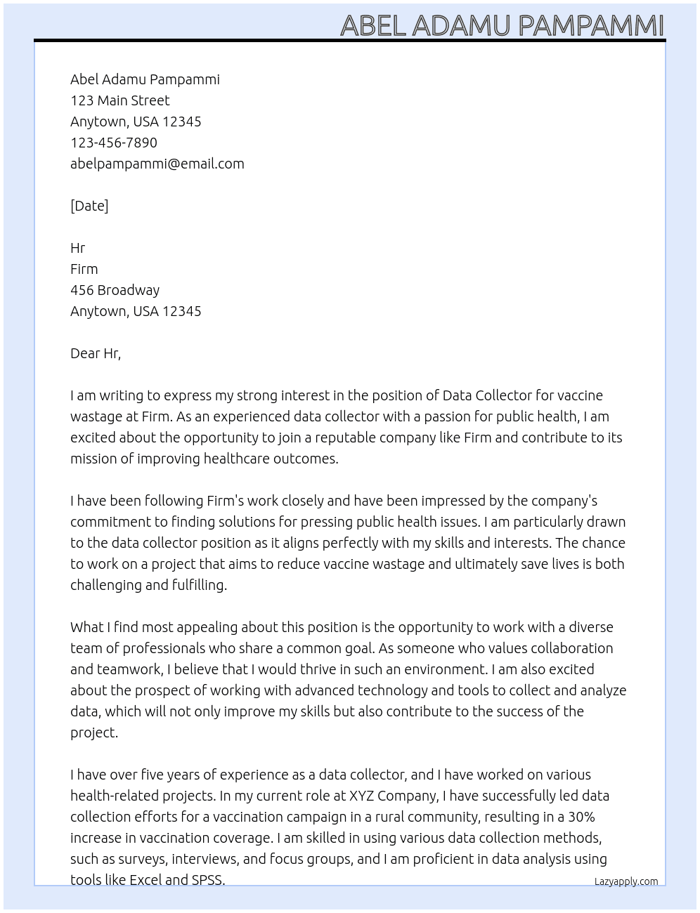 Data Collectors for a vaccine wastage At Firm Cover Letter