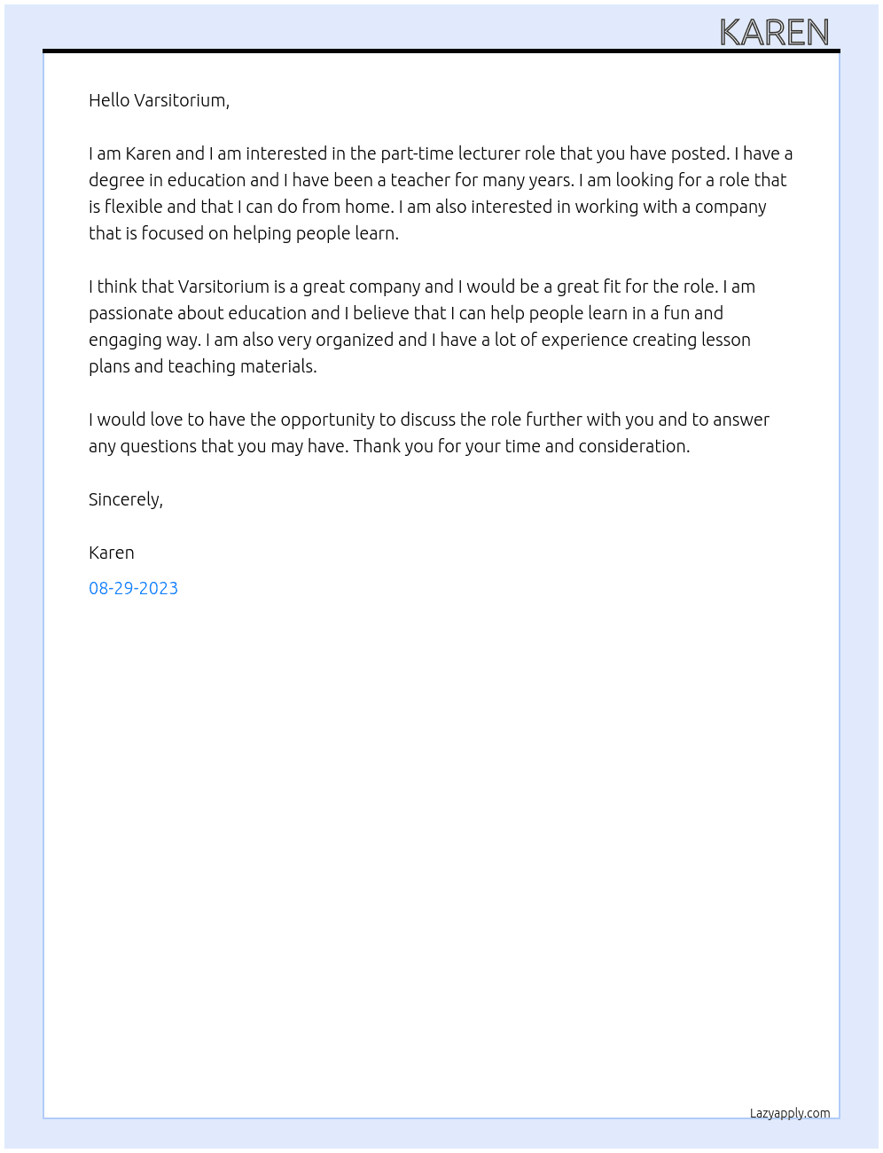 Lecturer At Varsitorium Cover Letter