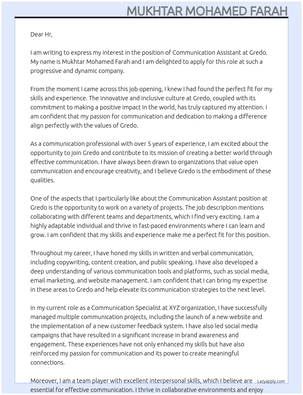 communication assistant At Gredo Cover Letter