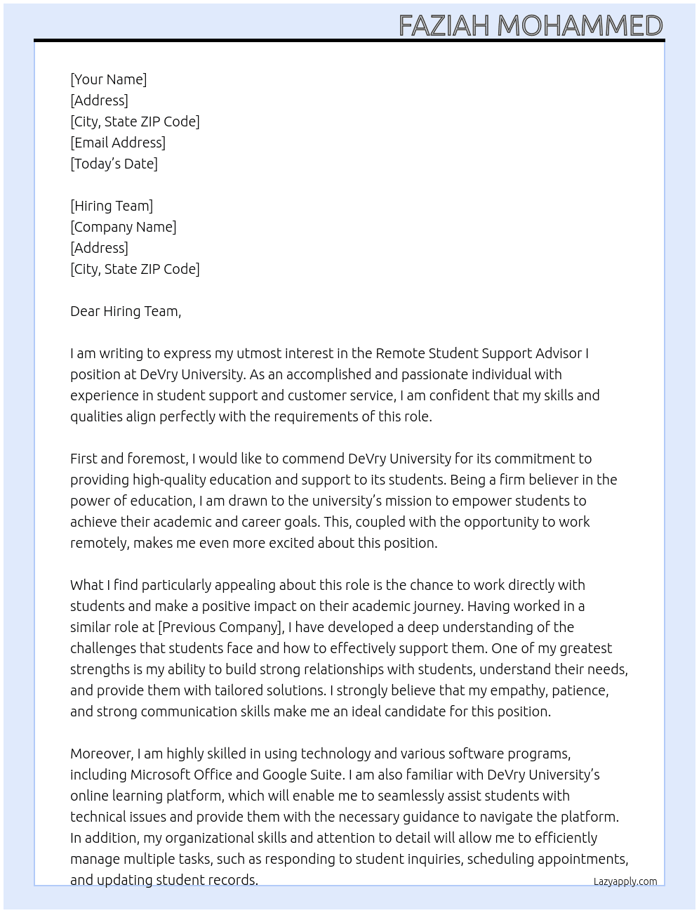 Remote Student Support Advisor I At DeVry University Cover Letter