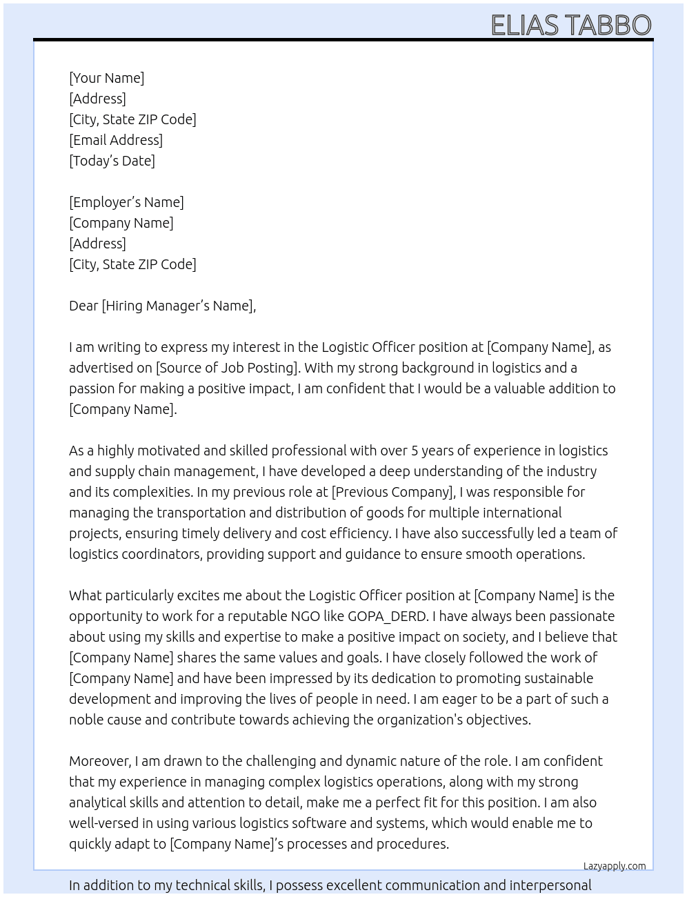 Logistic officer At NGO: GOPA_DERD Cover Letter