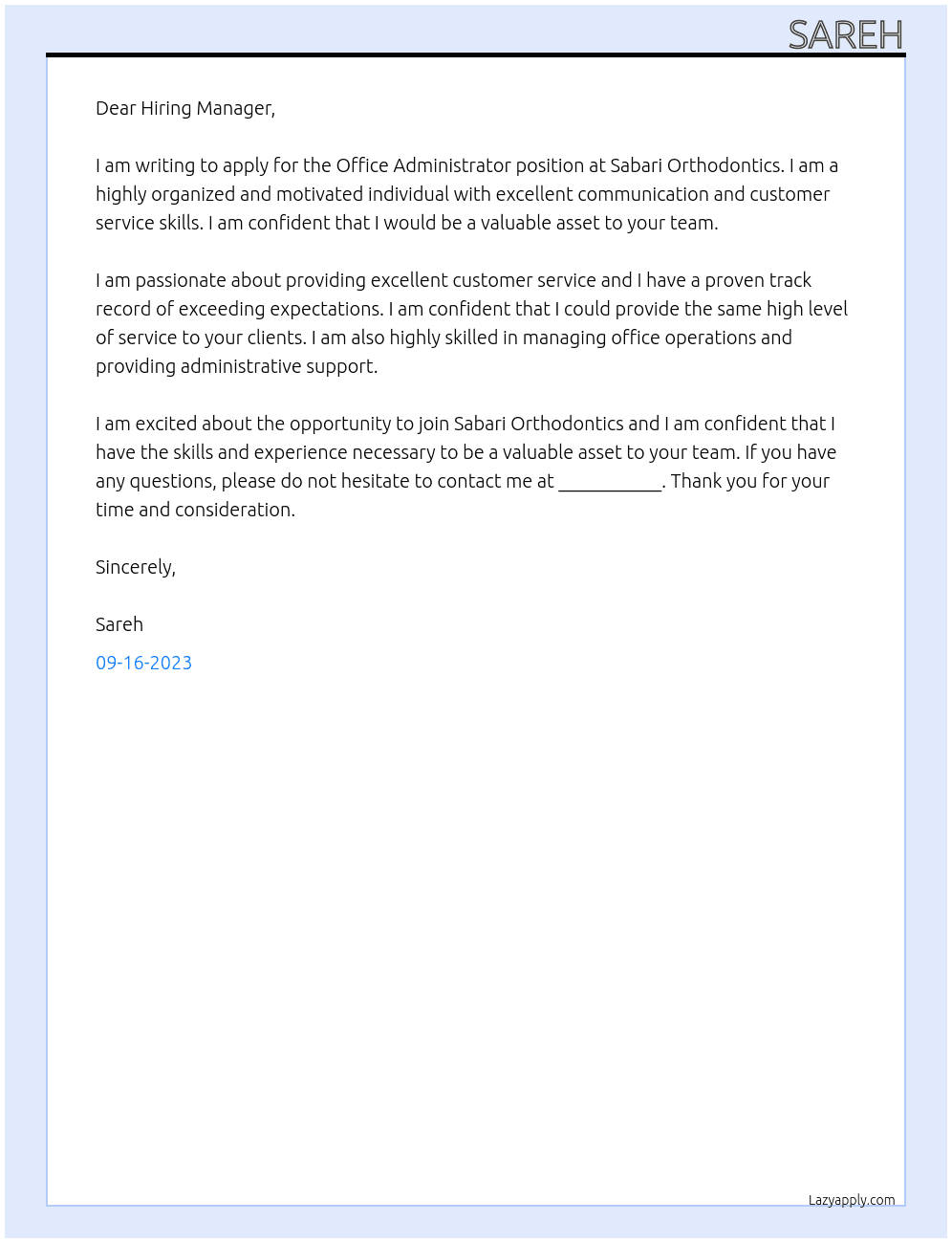 Office Administrator At Sabari Orthodontics  Cover Letter