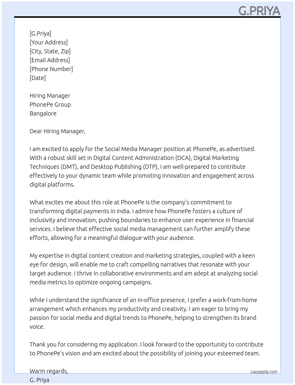 Social media manager  At Phonepe Cover Letter