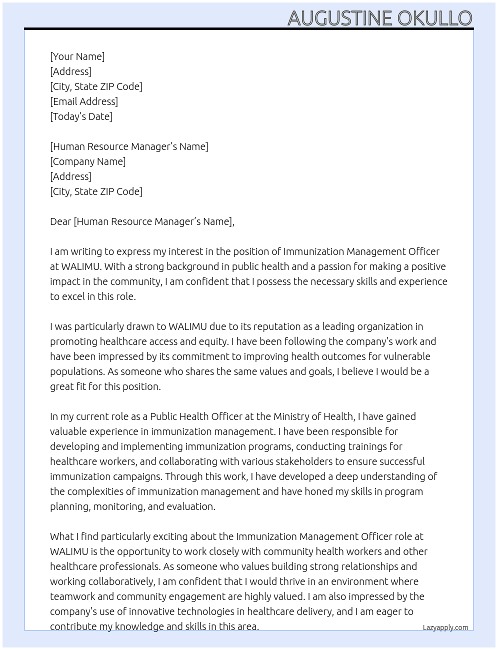 Immunization management officer At WALIMU Cover Letter
