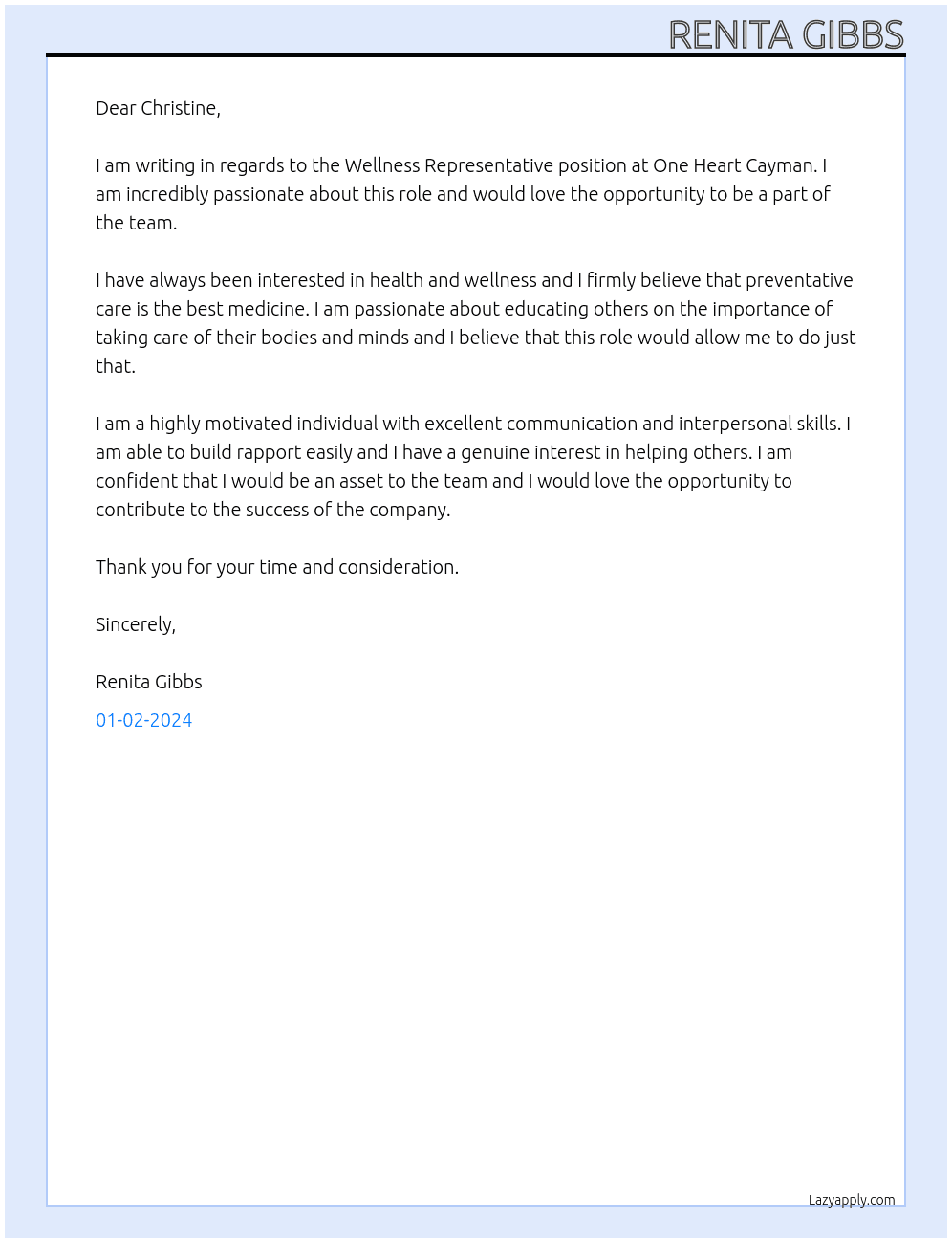 Wellness Representative  At One Heart Cayman Cover Letter