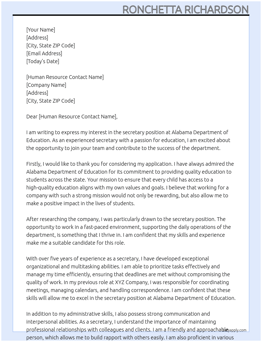 secretary  At Alabama Department of Education Cover Letter