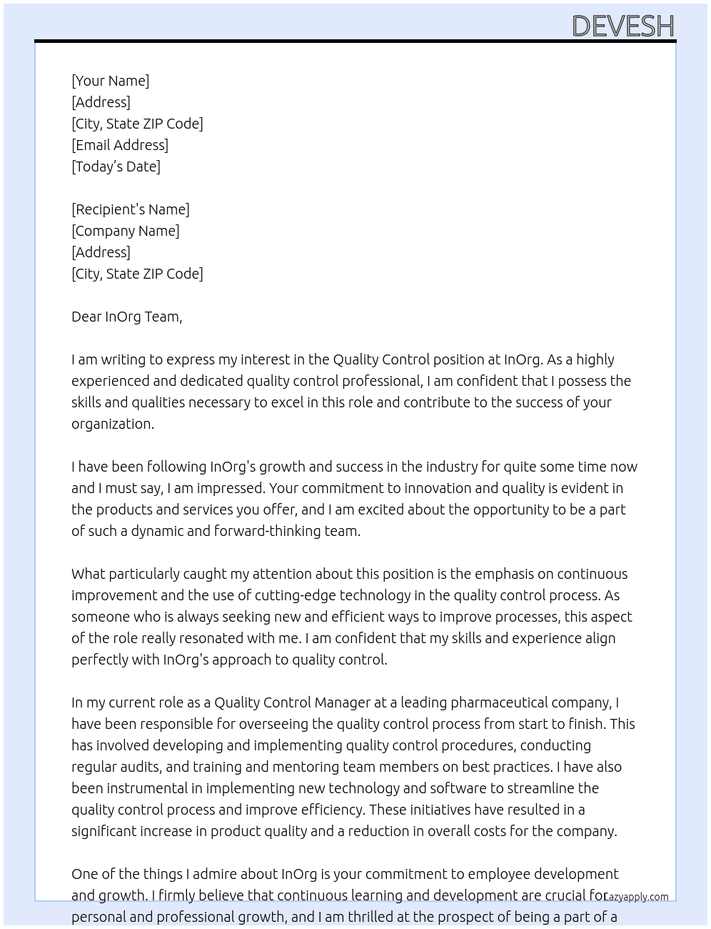 Quality control  At InOrg Cover Letter