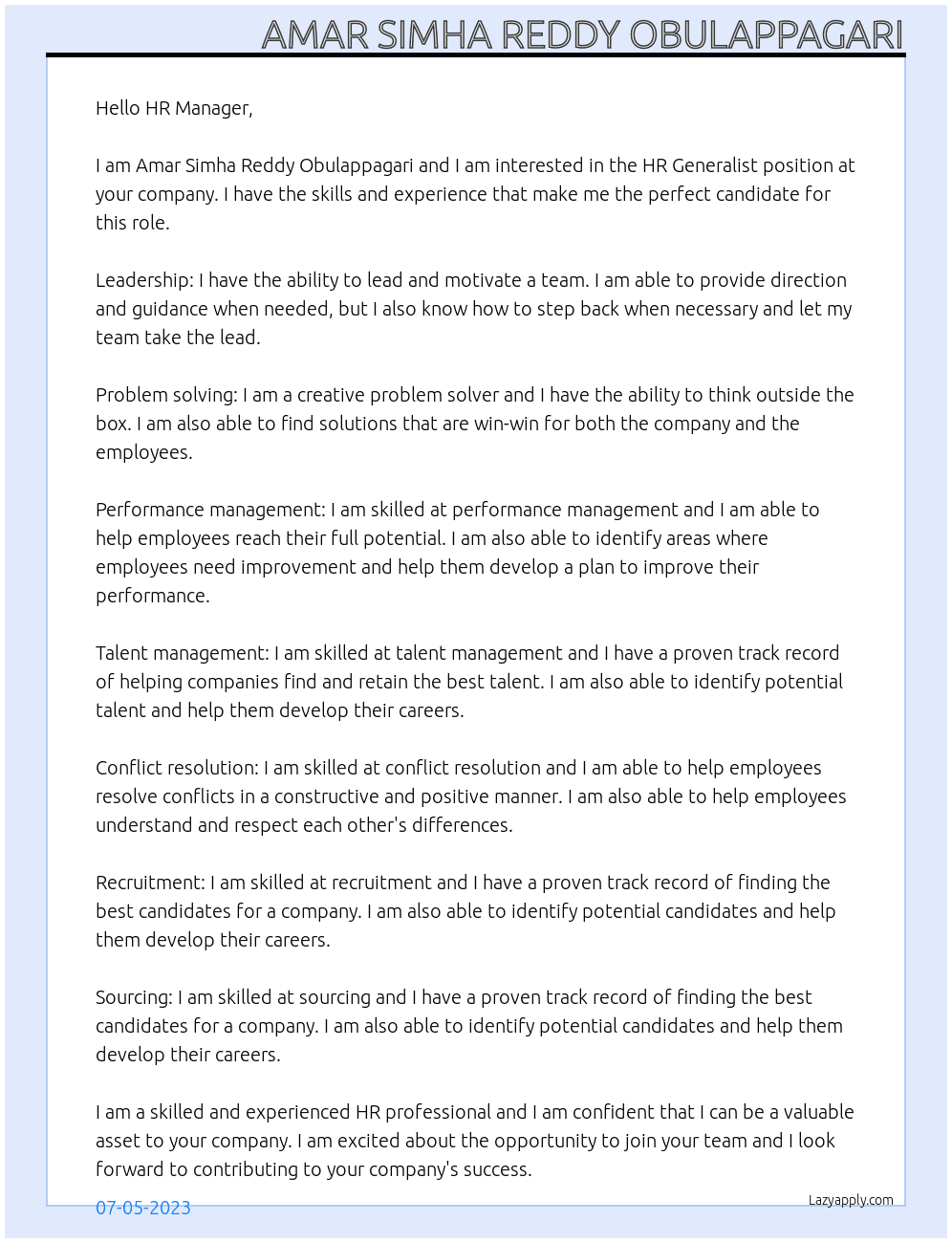 HR Generalist At XXXX Cover Letter