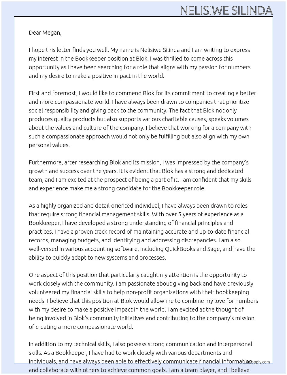 Bookkeeper At Blok Cover Letter