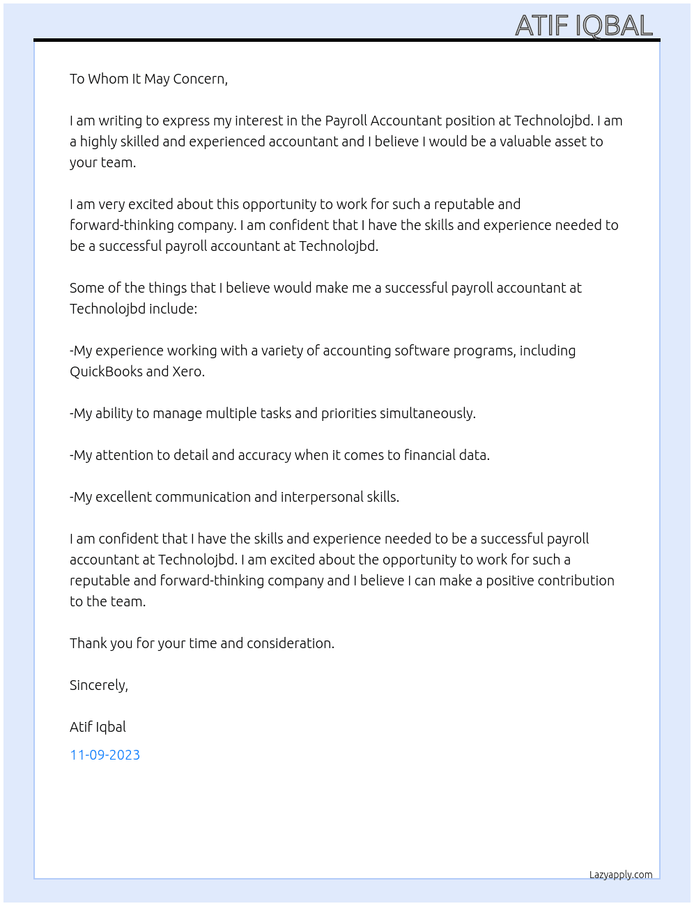 Payroll Accountant  At Technolojbd Cover Letter