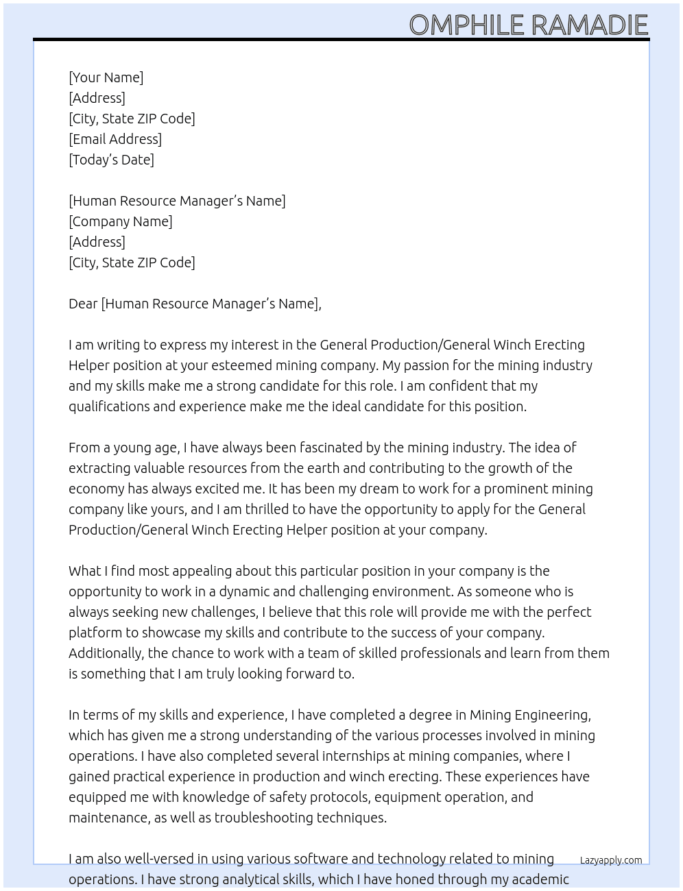 General Production /General Winch Erecting Helper  At Mining company  Cover Letter